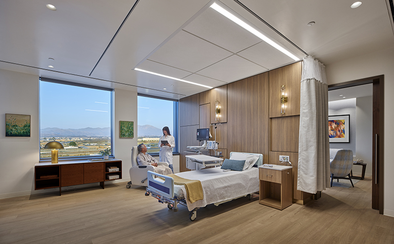 Patient room at City of Hope Orange County Cancer Specialty Hospital in Irvine, California.